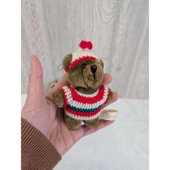 Vintage Mini Plush Teddy Bear Tree Ornament Lot Crochet Sweater Hat Scarf Craft - Picture 3 of 9